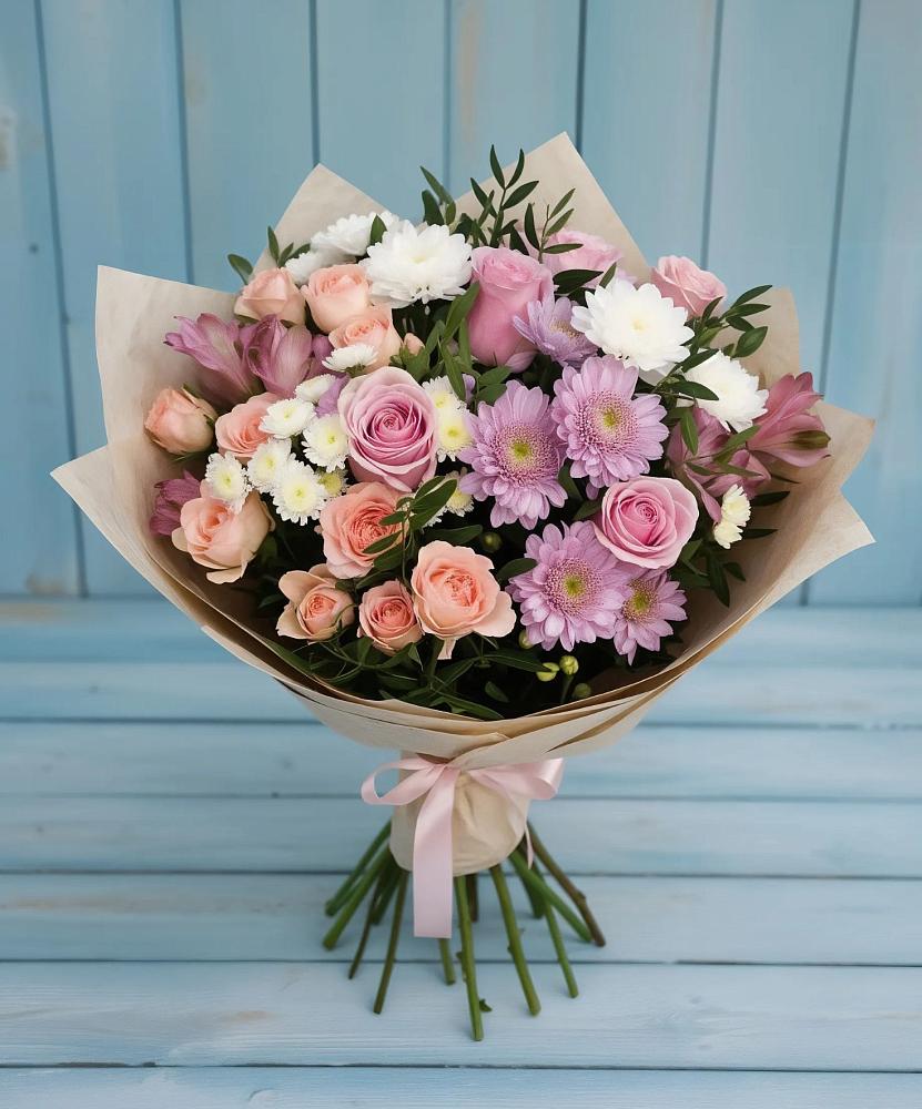 Букет цветов из: Хризантемы, Розы и Альстромерии в Можайске